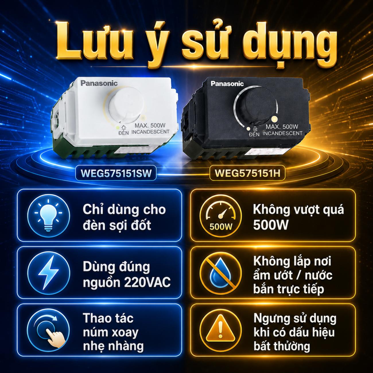 Bộ điều chỉnh độ sáng đèn Panasonic 220VAC-500W, loại có chức năng bật tắt